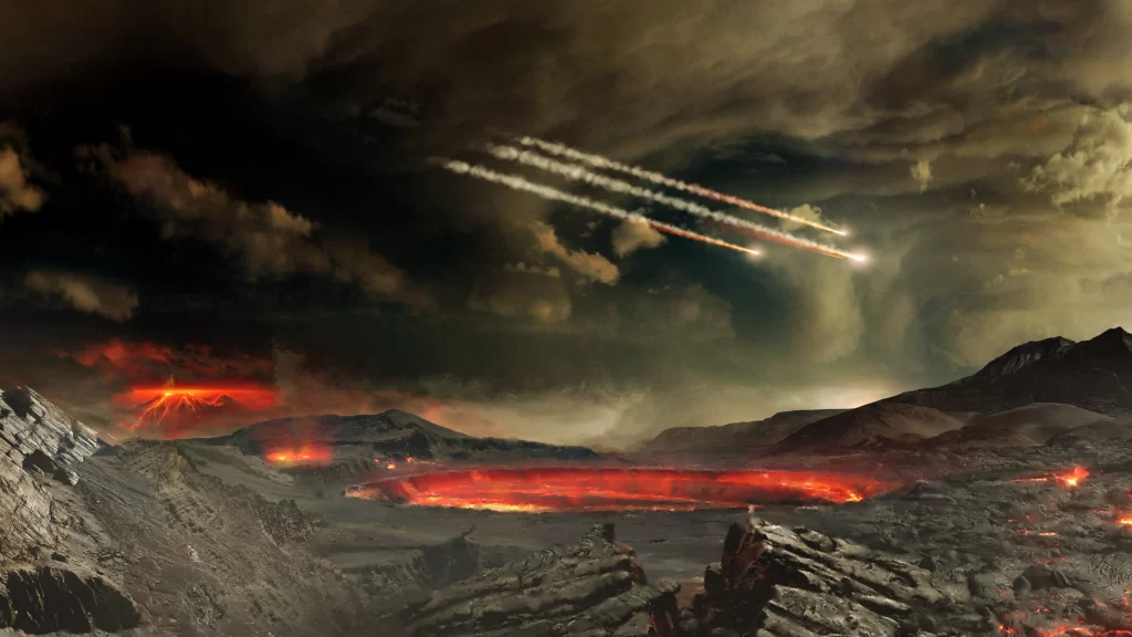 volcano eruption meteor shower fiery landscape dramatic sky rocky terrain