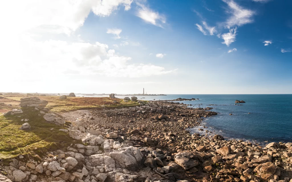 Rocky Coastline Blue Sky Clouds Ocean Lighthouse