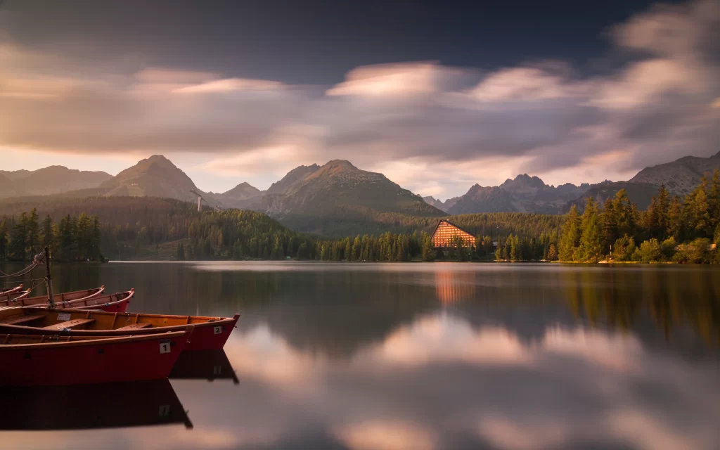 Sunset Mountain Lake Reflection Boats