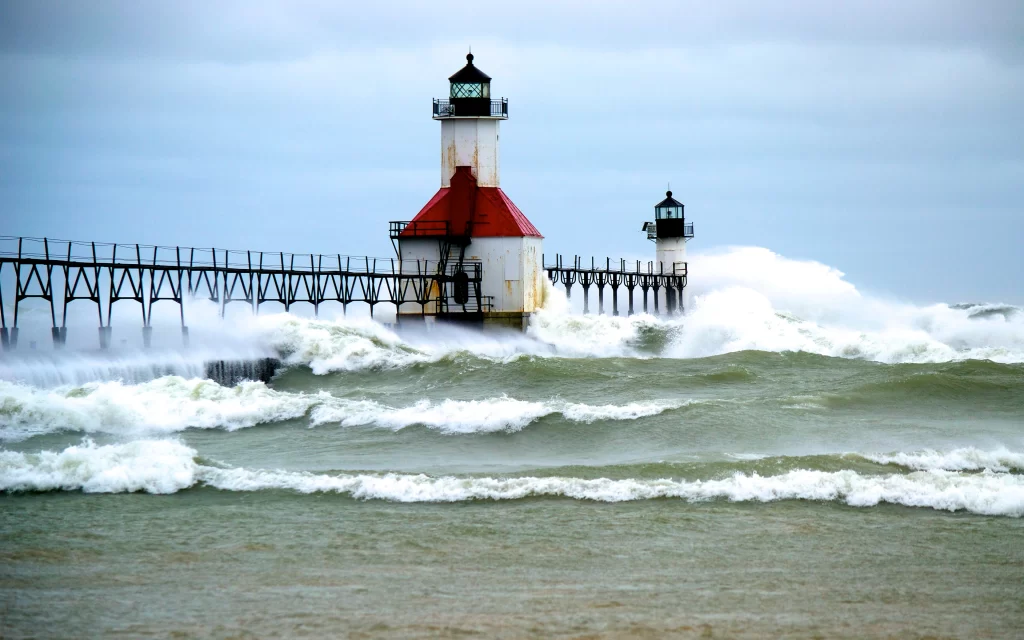 Stormy Sea Lighthouse Waves Pier Cloudy Sky