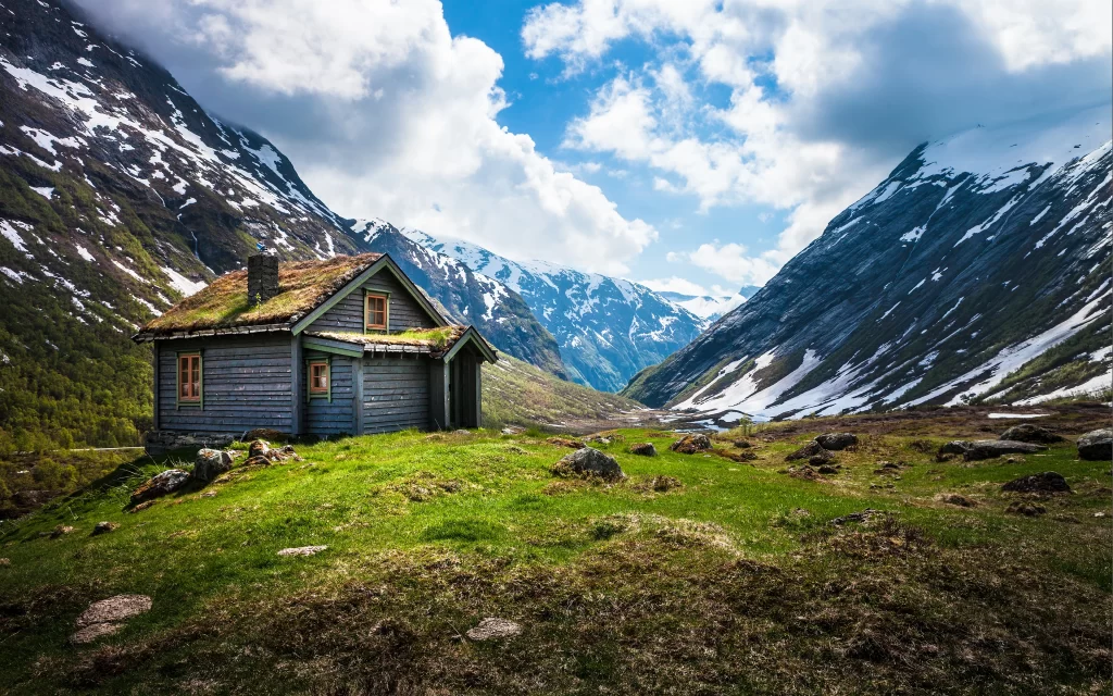 Mountainous Landscape Rustic Cabin Greenery Snow Peaks Scenic