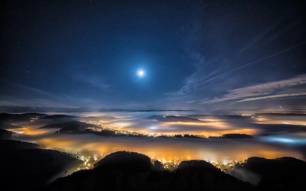 Starry Sky Moonlit Hills Misty Valley City Lights