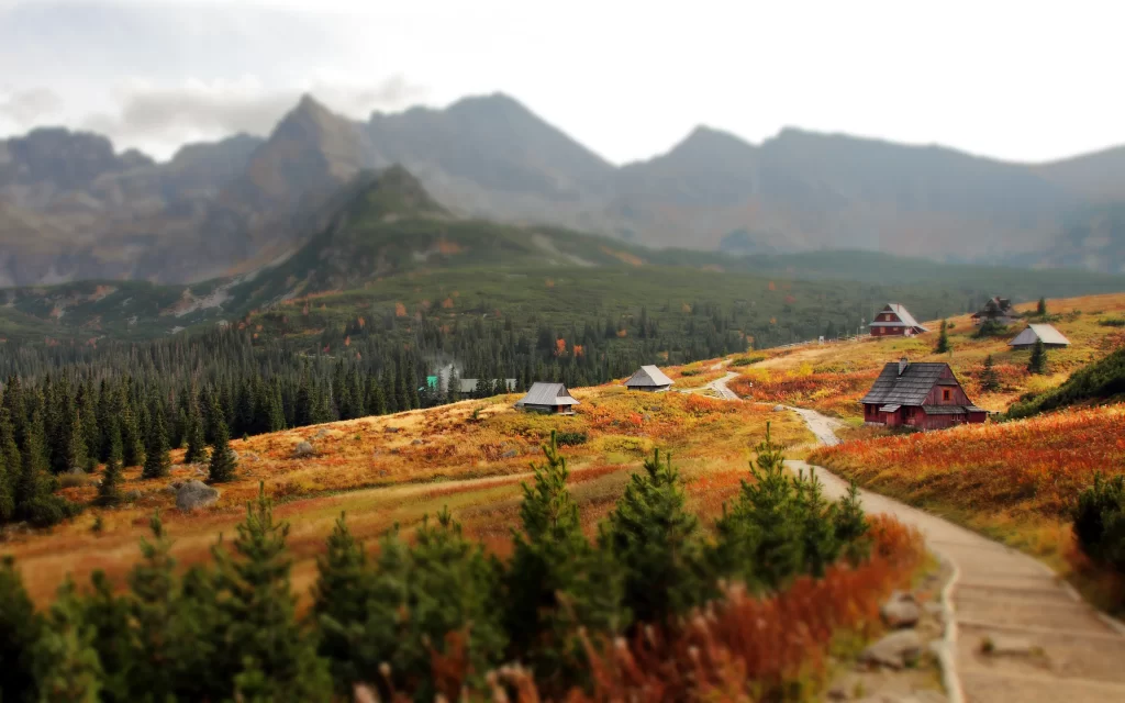 Mountainous Landscape Autumnal Colors Rustic Cabins Scenic Pathway