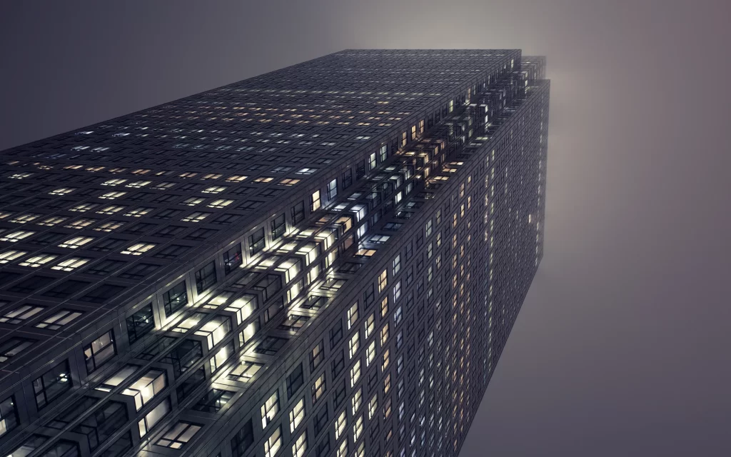 Urban Skyscraper Illuminated Windows Night Sky