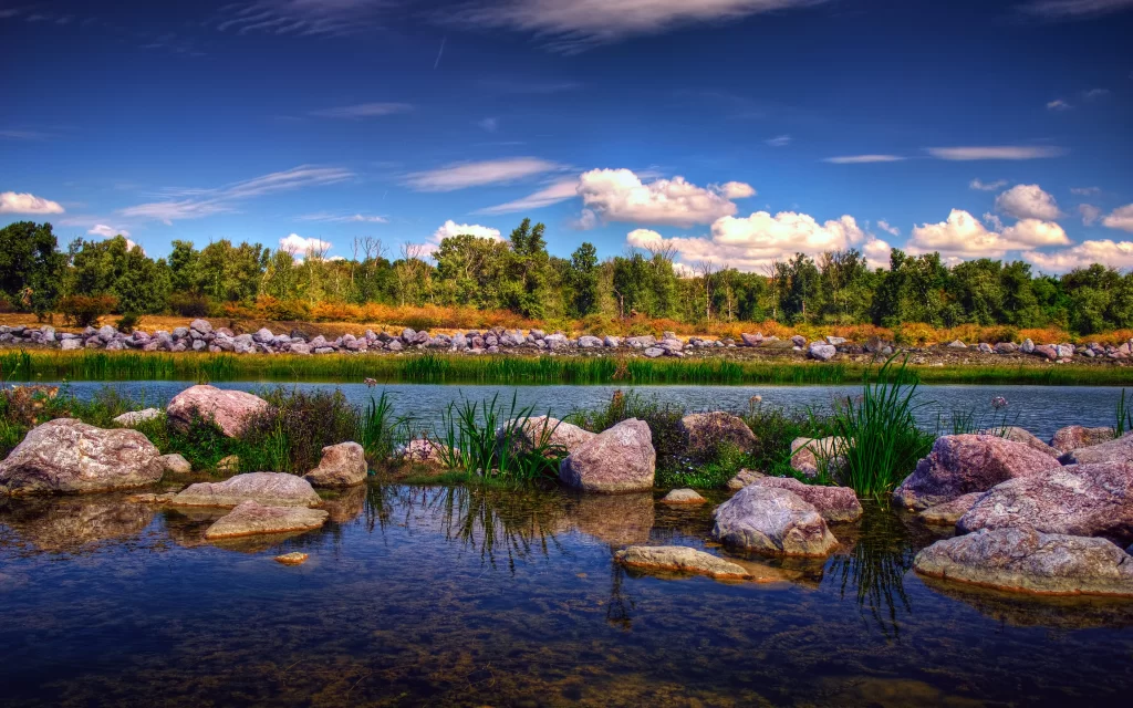 Clear Sky Clouds River Rocks Greenery Nature