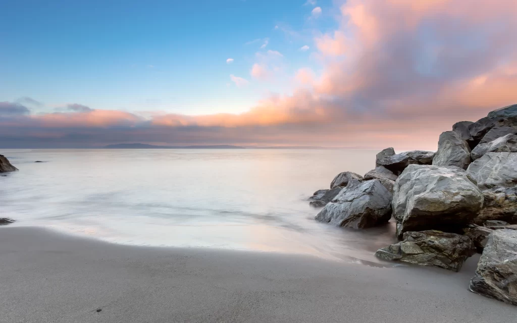 Sunset Ocean Rocks Clouds Horizon