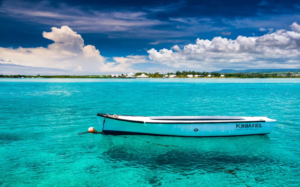 Calm Sea Boat Clear Water Clouds Blue Sky