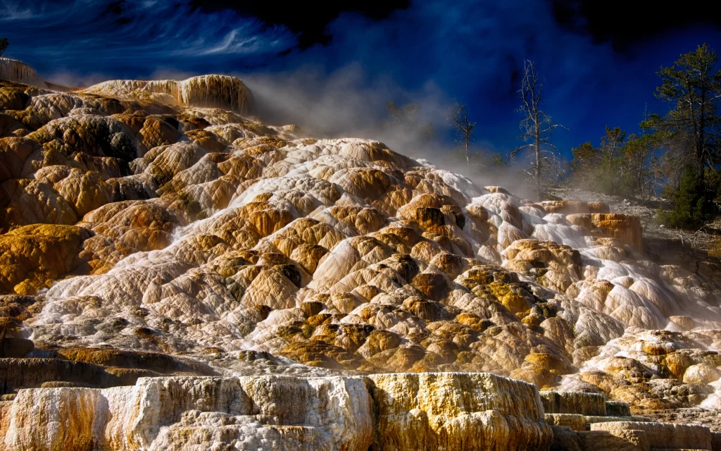 Yellowstone Geothermal Terraces Steam Rocky Landscape