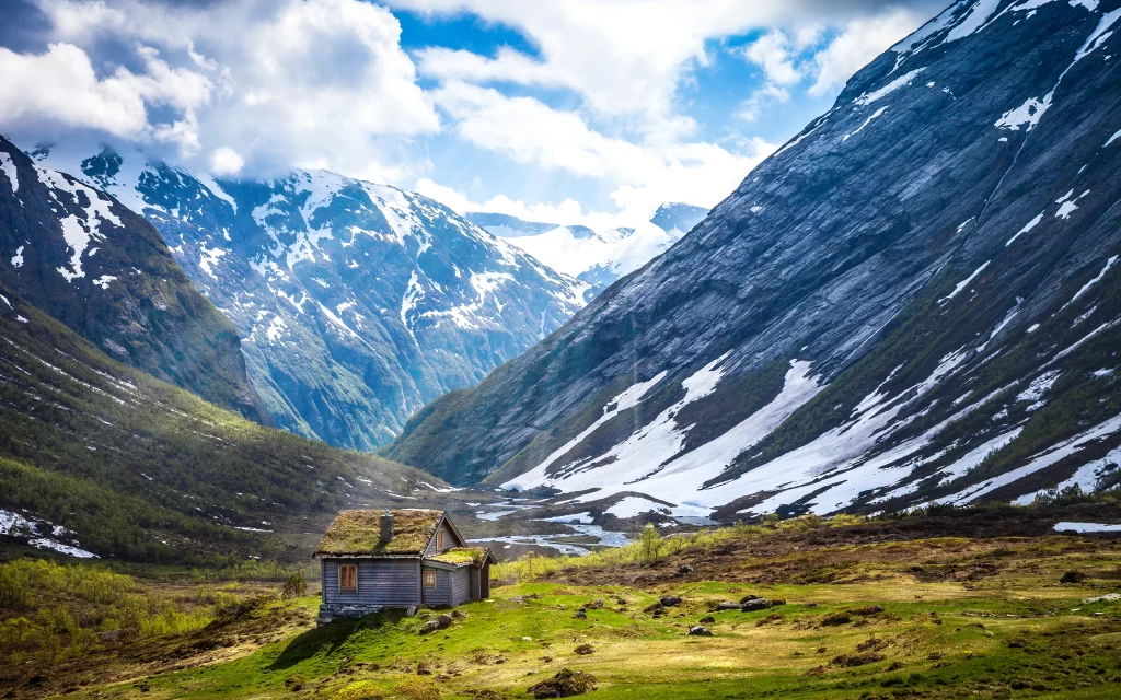 Mountainous Landscape Snowy Peaks Greenery Cabin Scenic