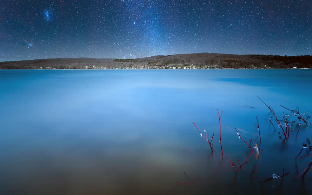 Starry Sky Milky Way Lake Calm Water Twigs