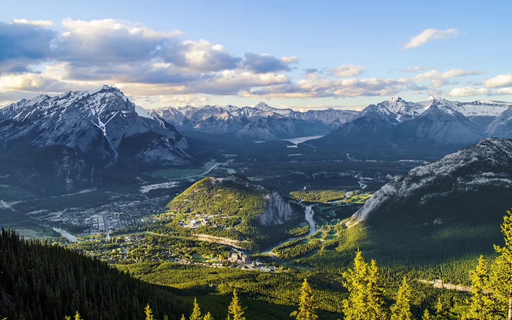 Mountainous Landscape River Valley Forest Snow Peaks