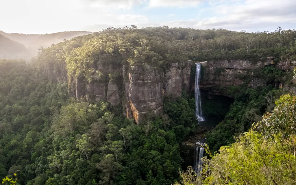Waterfall Lush Forest Rocky Cliffs Misty Sunrise