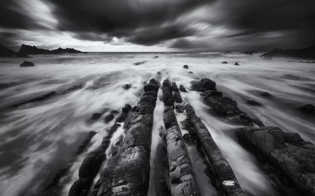 Stormy Sea Rocky Shoreline Dynamic Sky Monochrome