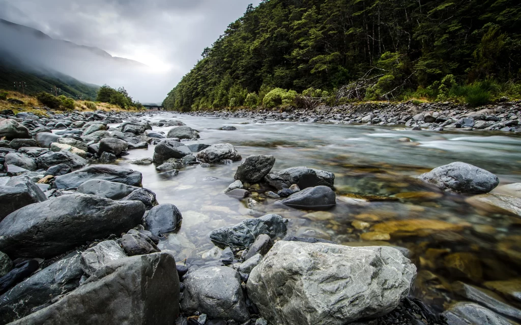 Mountain River Rocks Forest Mist