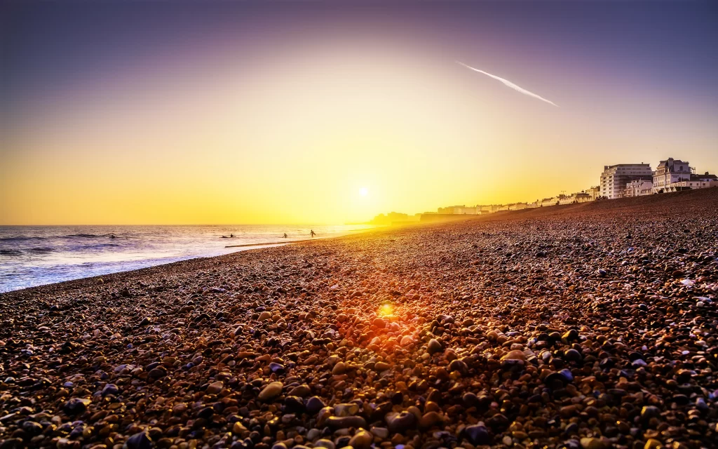 Sunset Ocean Pebble Beach Golden Horizon, Coastal Cityscape