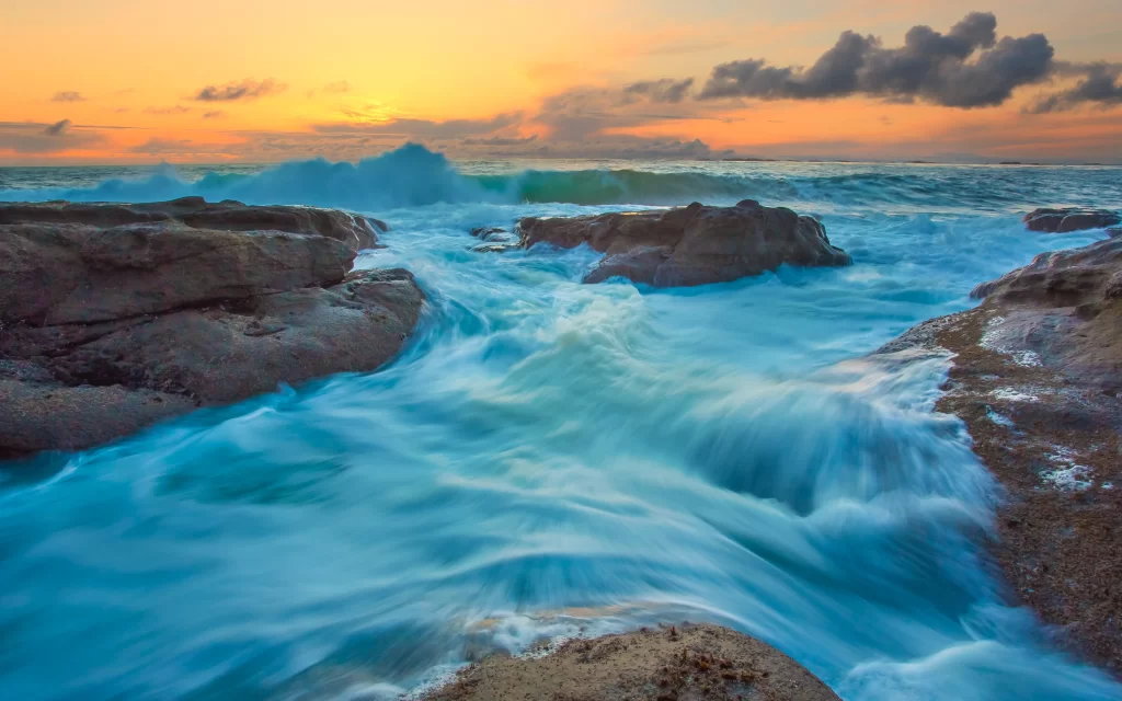 Sunset Ocean Waves Rocks Blue Sky