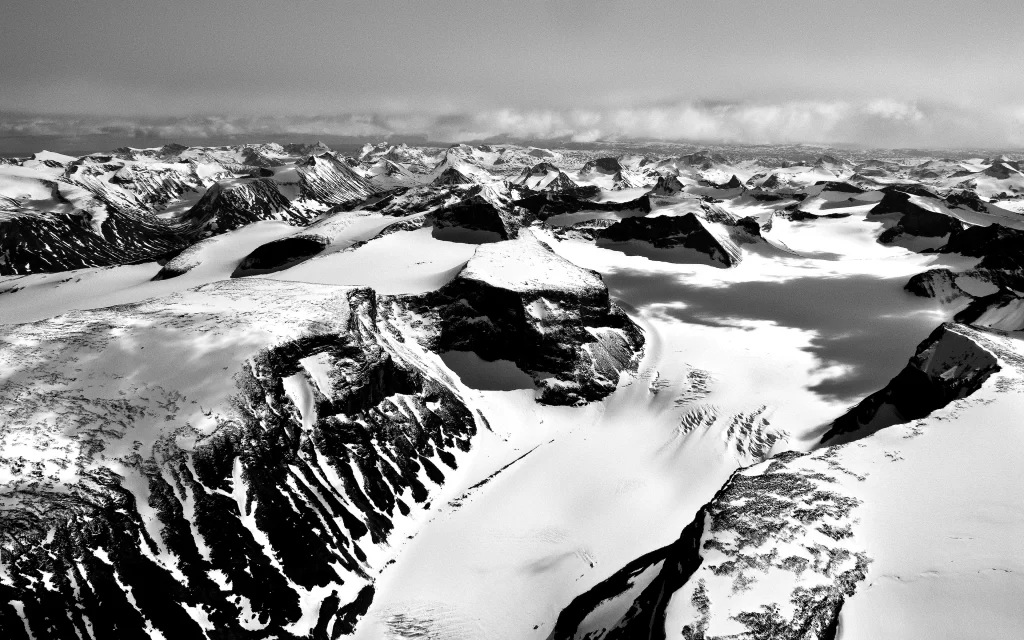 Snowy Peaks Majestic Landscape Glacial Terrain Monochrome Panorama