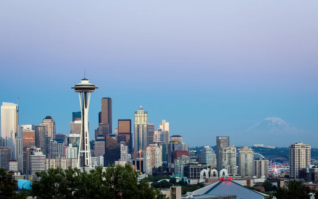 Cityscape Skyscrapers Space Needle Mountain Skyline