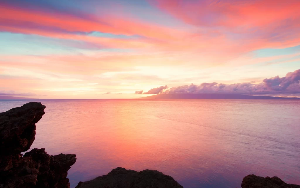 Sunset Ocean Waves Rocky Shoreline Pink Sky