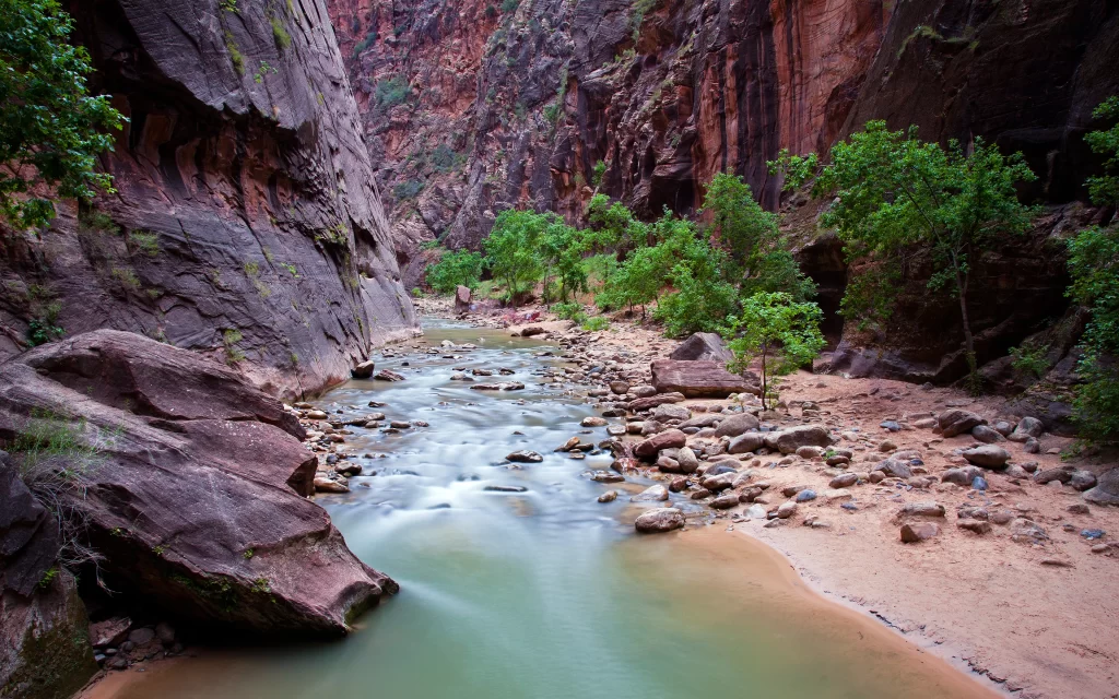 Narrow Canyon River Rocky Walls Greenery