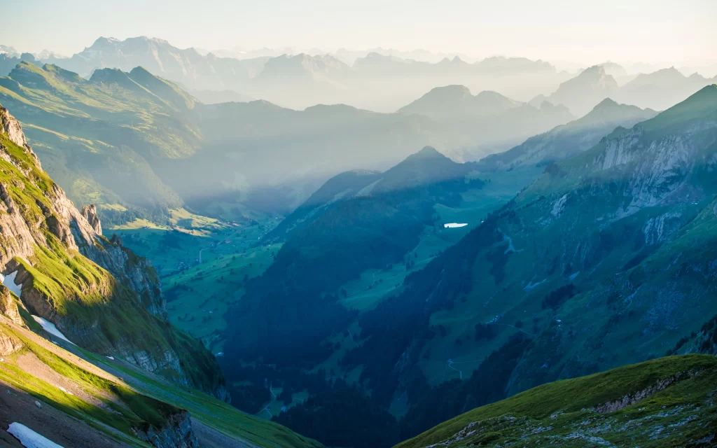 Mountain Range Greenery Sunlight Mist Valley