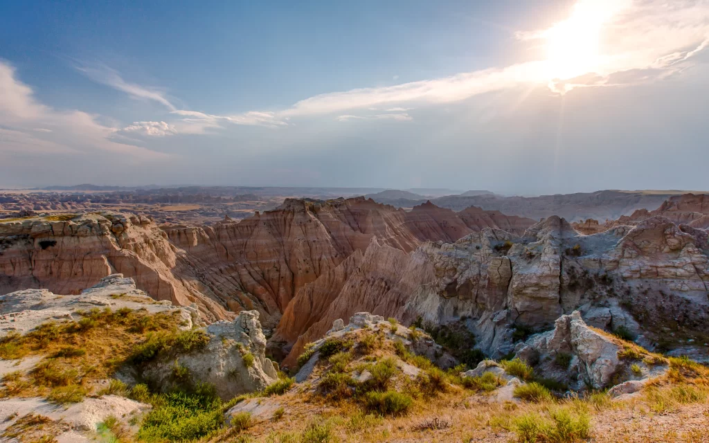 Sunset Desert Rocky Terrain Sparse Vegetation