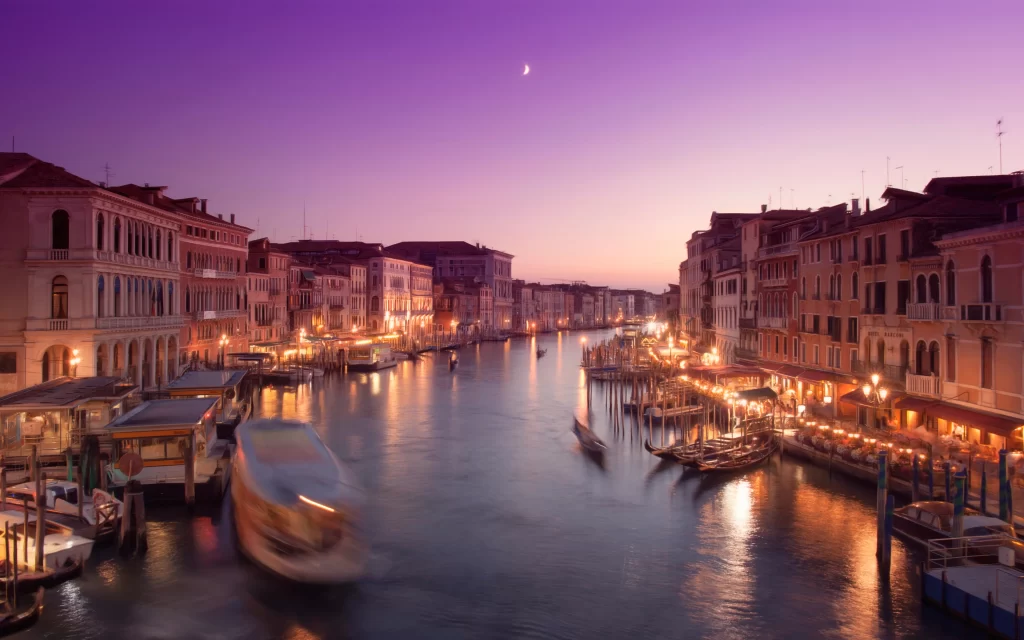 Twilight Venice Canals Illuminated Boats Historic Buildings