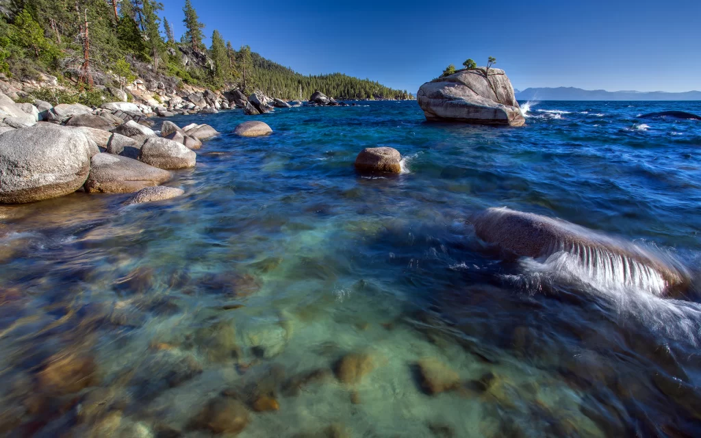 Clear Water Rocky Shoreline Blue Sky Greenery