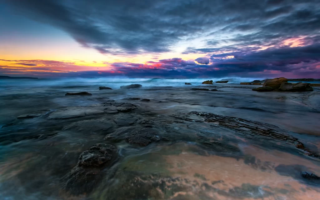 Sunset Ocean Waves Rocks Clouds