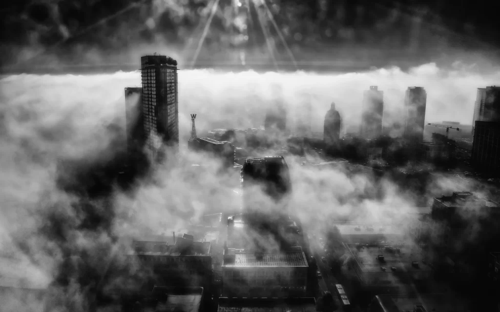 Cityscape Foggy Skyscrapers Rays of Light Dramatic Atmosphere