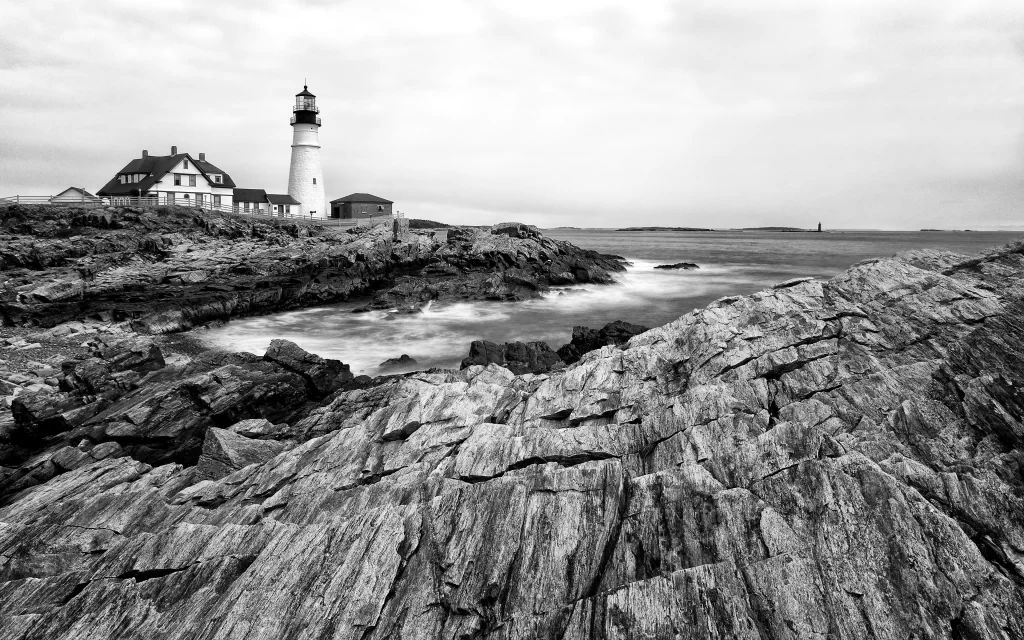 Lighthouse Rocky Coastline Ocean Waves Cloudy Sky