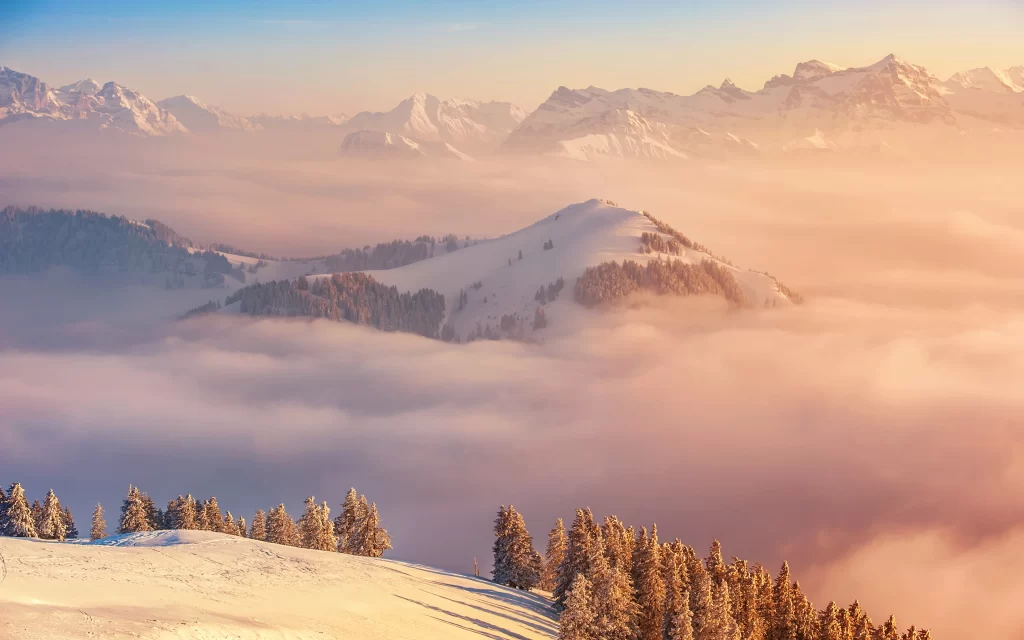 Snowy Mountains Peaks Clouds Sunrise Winter