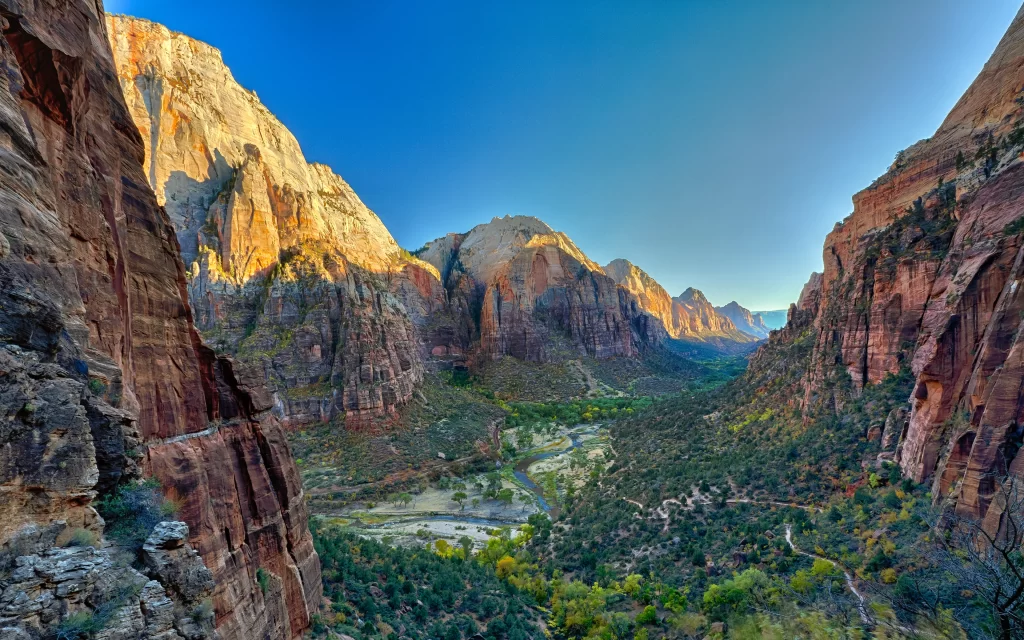 Mountainous Canyon River Valley Greenery Sunlight