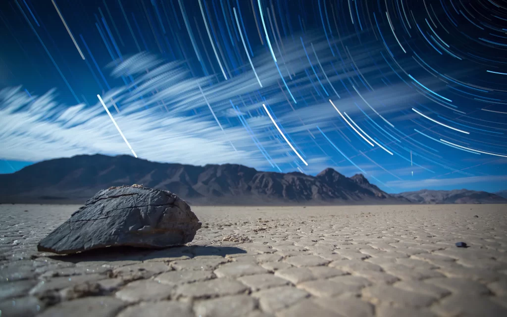 Desert Rock Mountains Star Trails Night Sky