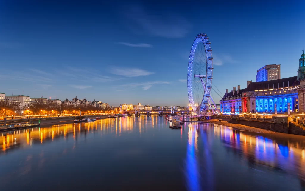 Cityscape River Illuminated Ferris Wheel Night Sky Reflection
