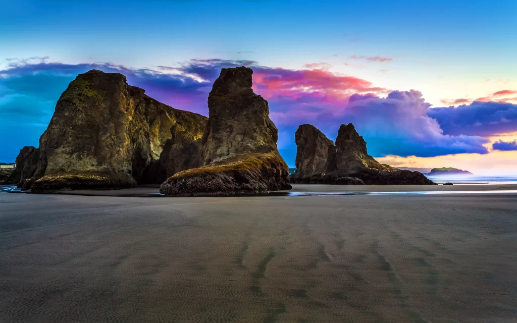 Sunset Ocean Rocks Beach Dramatic Sky