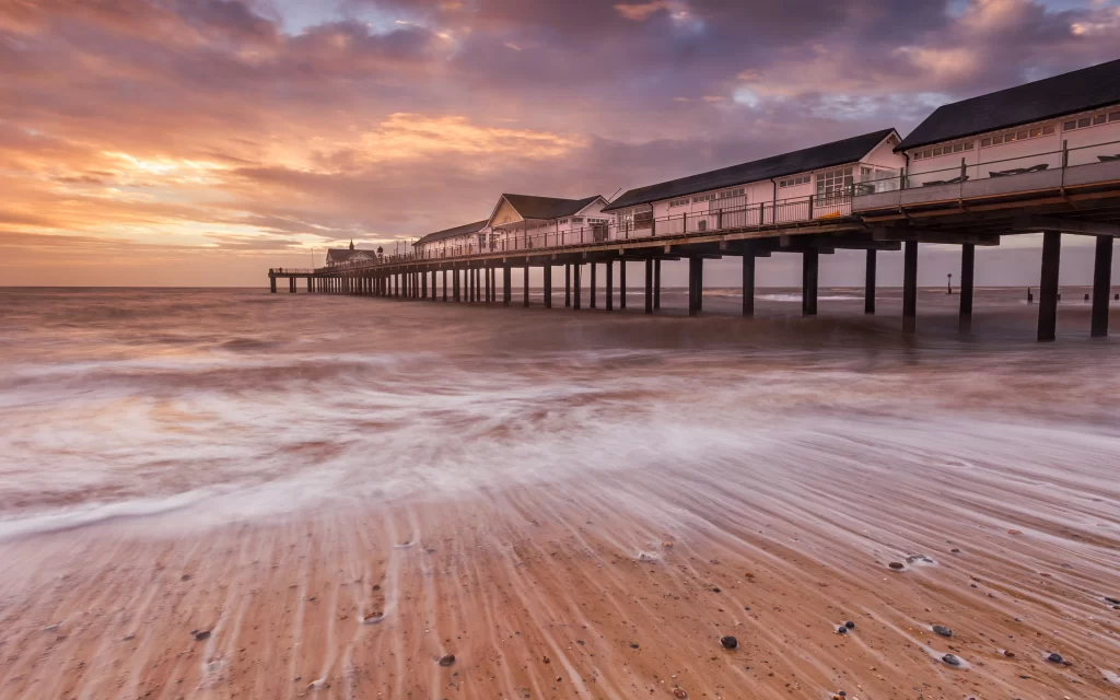 Sunset Ocean Waves Pier Clouds Horizon