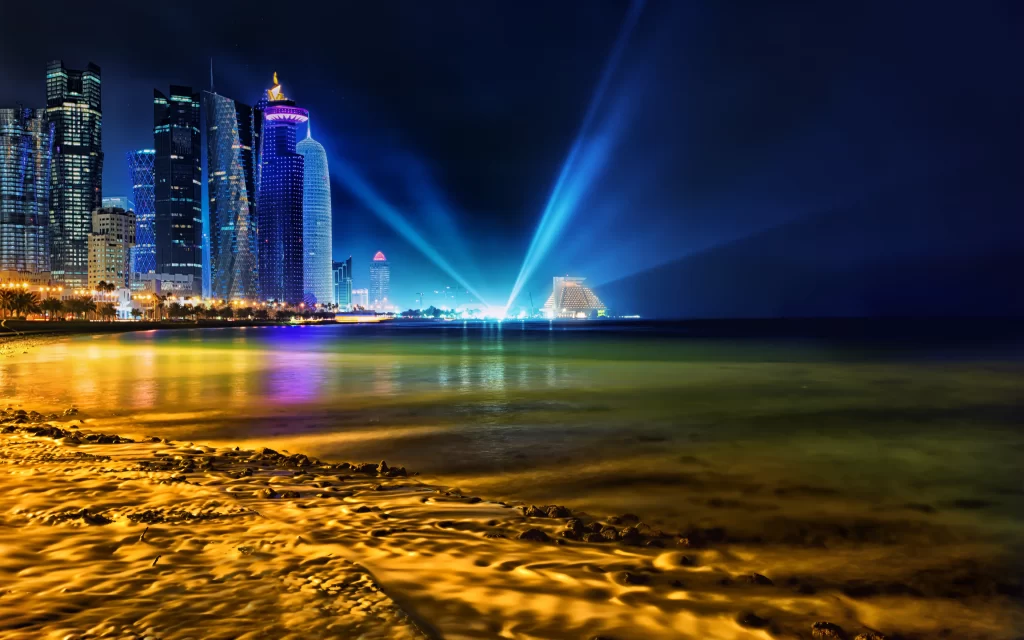 Cityscape Night Lights Beach Reflections