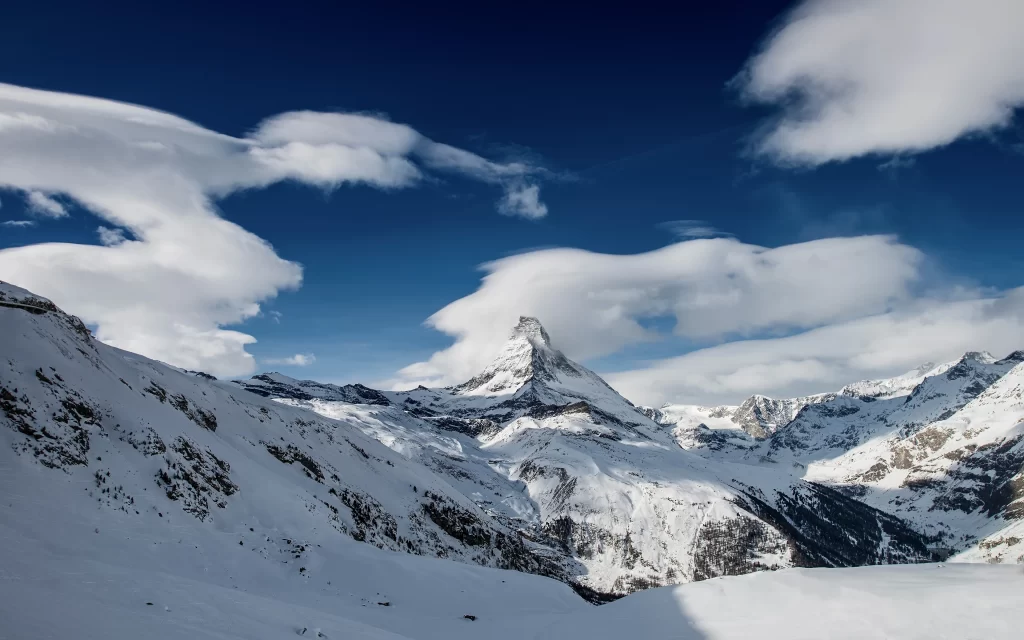 Snowy Peaks Majestic Mountain Clear Sky Clouds
