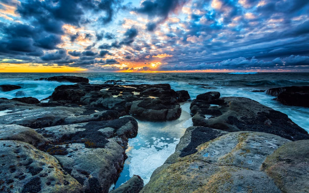 Sunset Ocean Waves Rocks Clouds Horizon