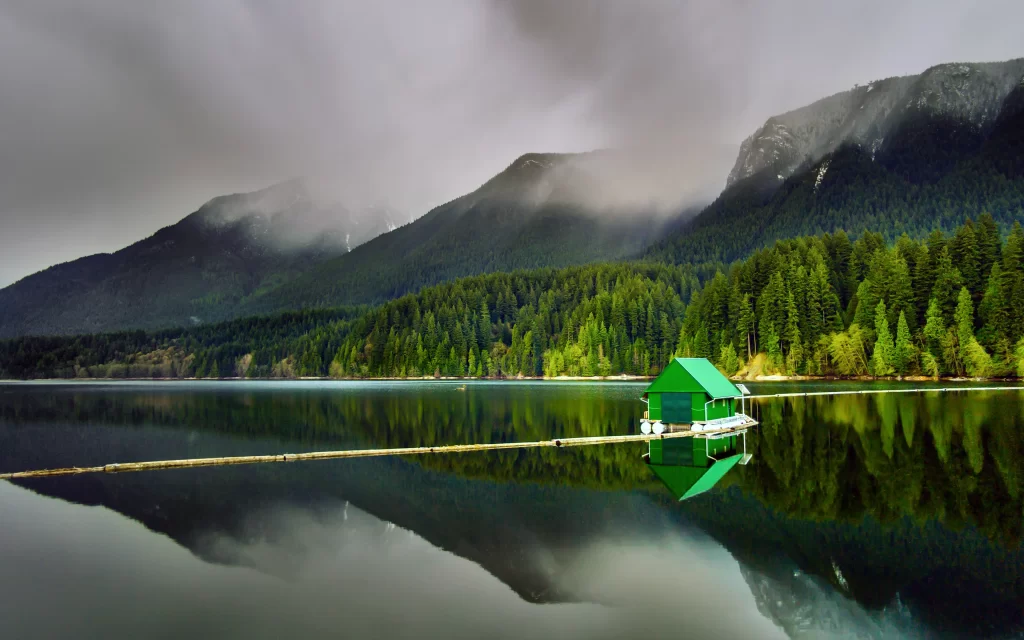 Mountain Lake Forest Reflection Cabin Mist