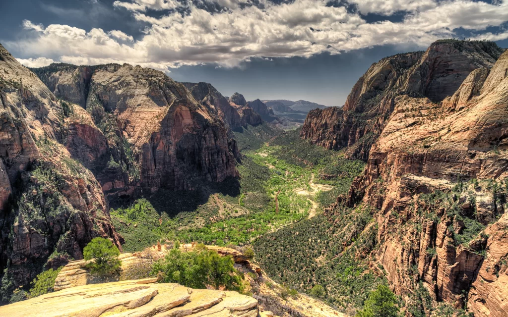 Mountainous Landscape Canyon Greenery Clouds Sunlight
