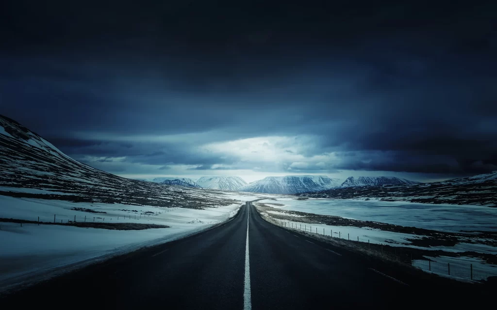 Snowy Mountains Road Dark Clouds