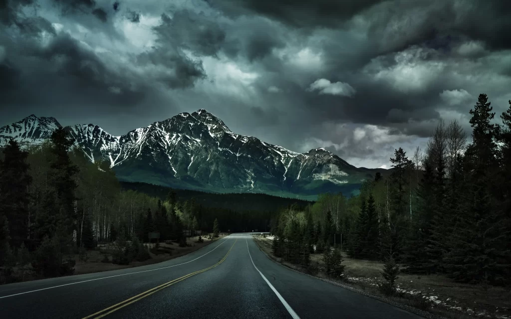 Mountain Road Forest Clouds Snow
