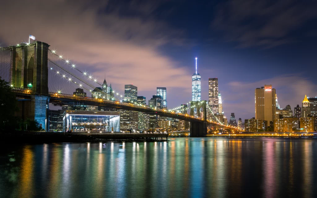 Cityscape Bridge Lights Reflections Night Sky