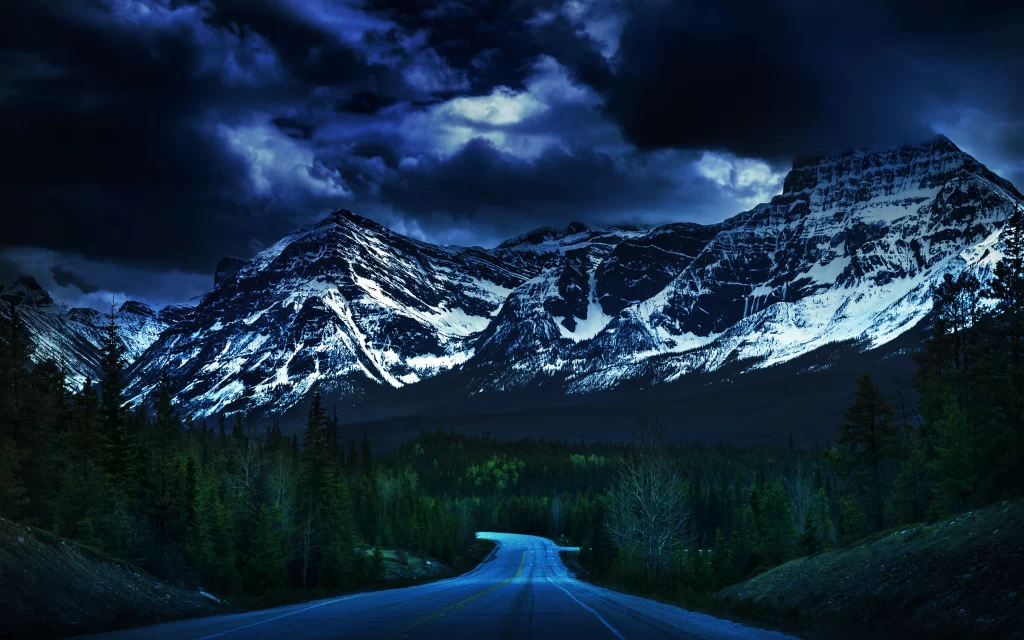Snowy Mountains Dark Clouds Road Forest