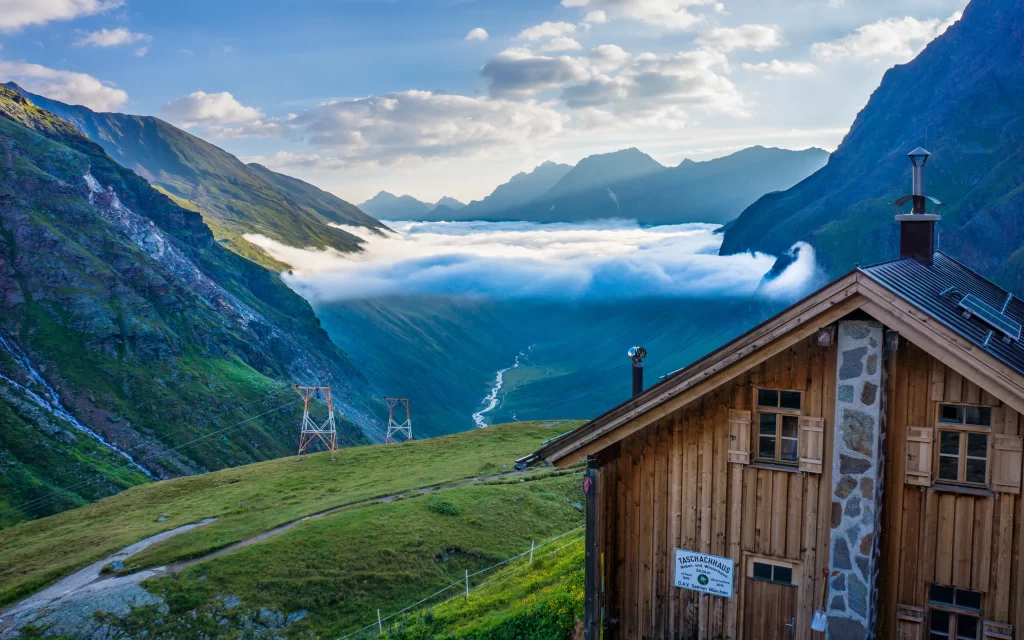 Mountainous Landscape Clouds Wooden Cabin Scenic View