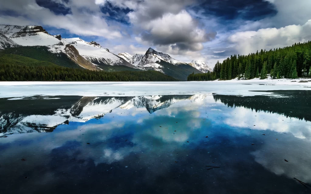 Snowy Mountains Reflective Lake Clouds Forest