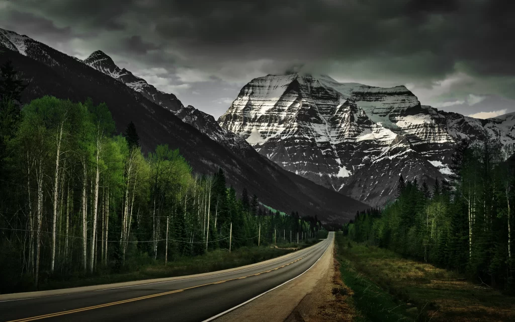 Mountain Road Forest Snow Peaks Clouds