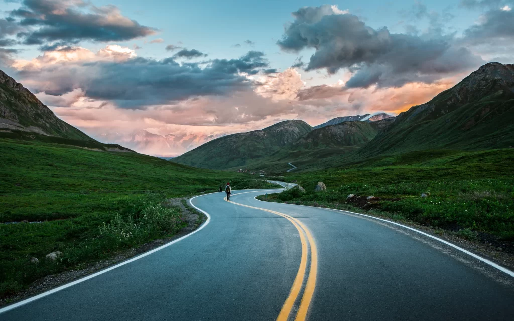 Mountain Road Scenic Landscape Clouds Sunset